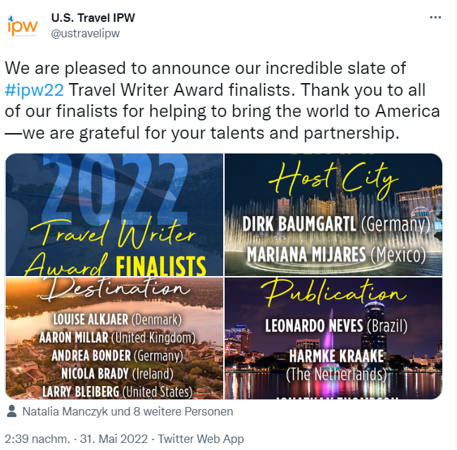 2022 Finalists IPW Travel Writer Awards