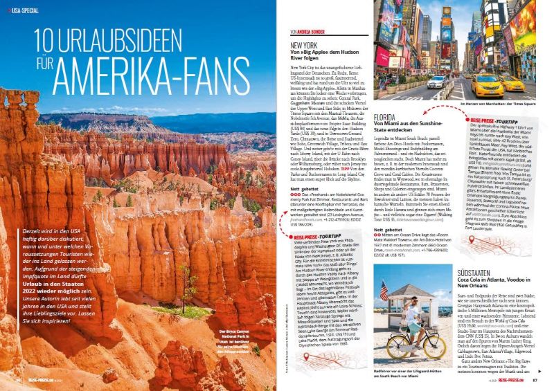 Andrea Bonder stellt in Reise & Preise 10 Urlaubsregionen in den USA vor